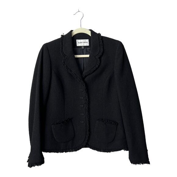 Albert Nipon Blazer Womens Size 4 Black Wool Blend Fringe Details Jacket Lined - Picture 1 of 12